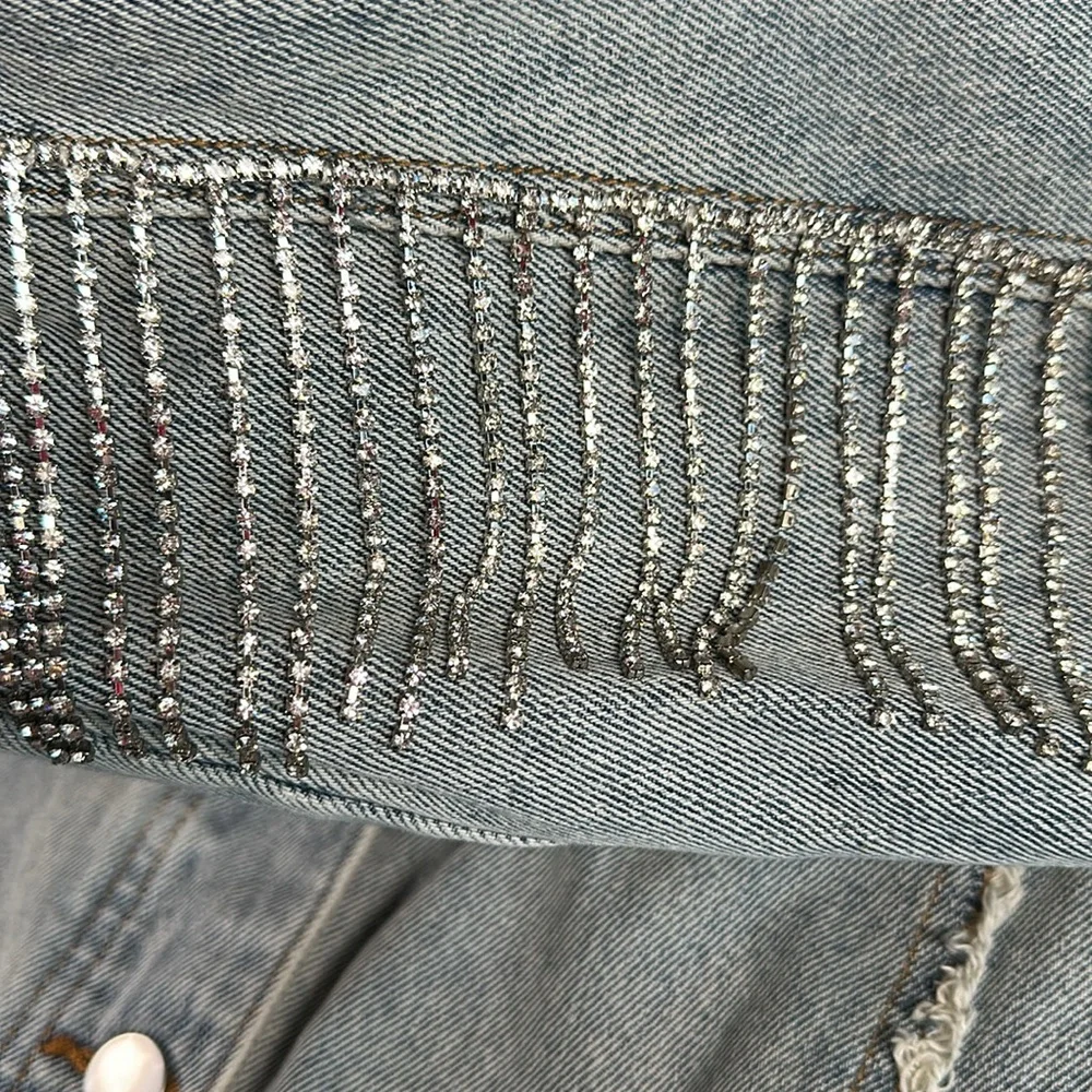 Distressed, rhinestone, fringe, jean jacket,‎ grunge, punk band rock